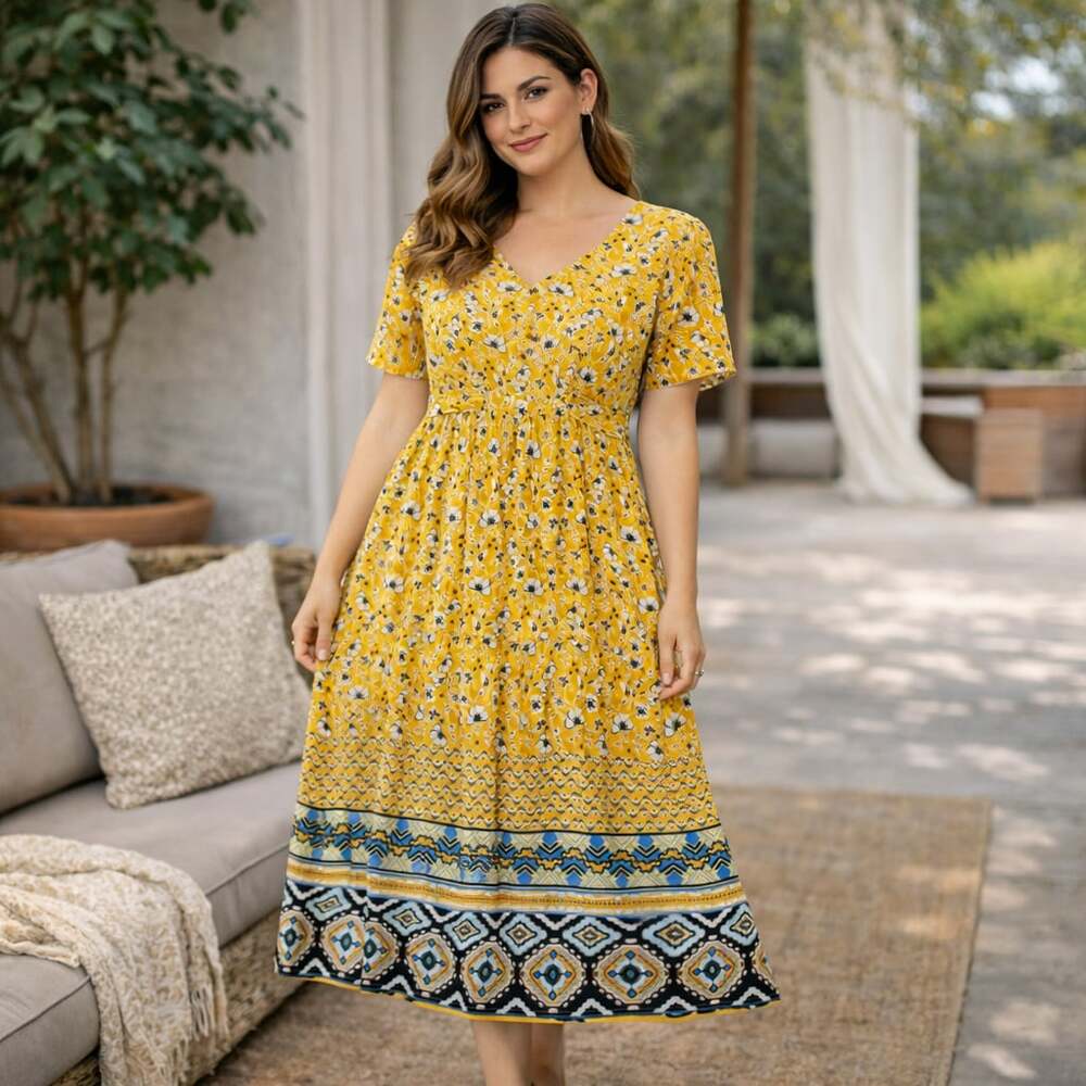 Natura Yellow Floral Boho Maxi Dress XS Tribal Border Hem